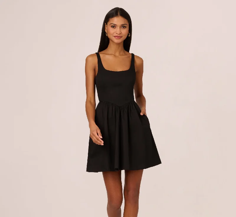 Sleeveless Fit And Flare Dress With Square Neckline In Black