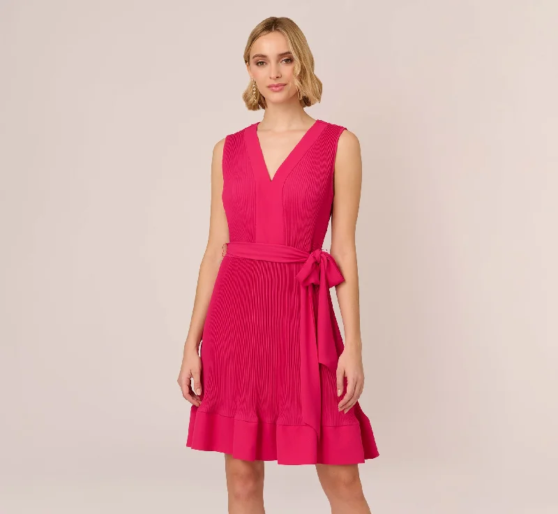 Sleeveless Pleated Dress With Self Tie Waist In Hot Pink