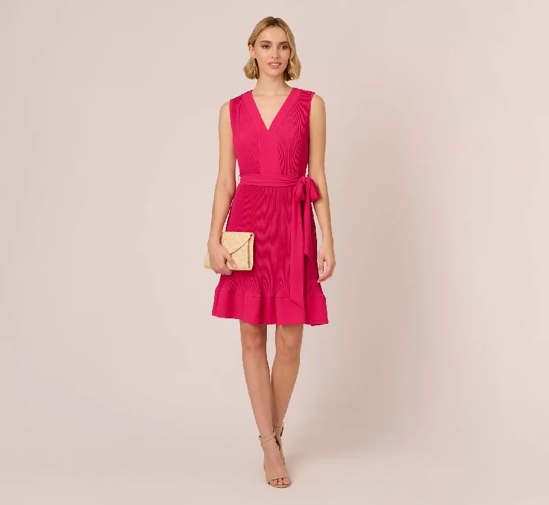 Sleeveless Pleated Dress With Self Tie Waist In Hot Pink