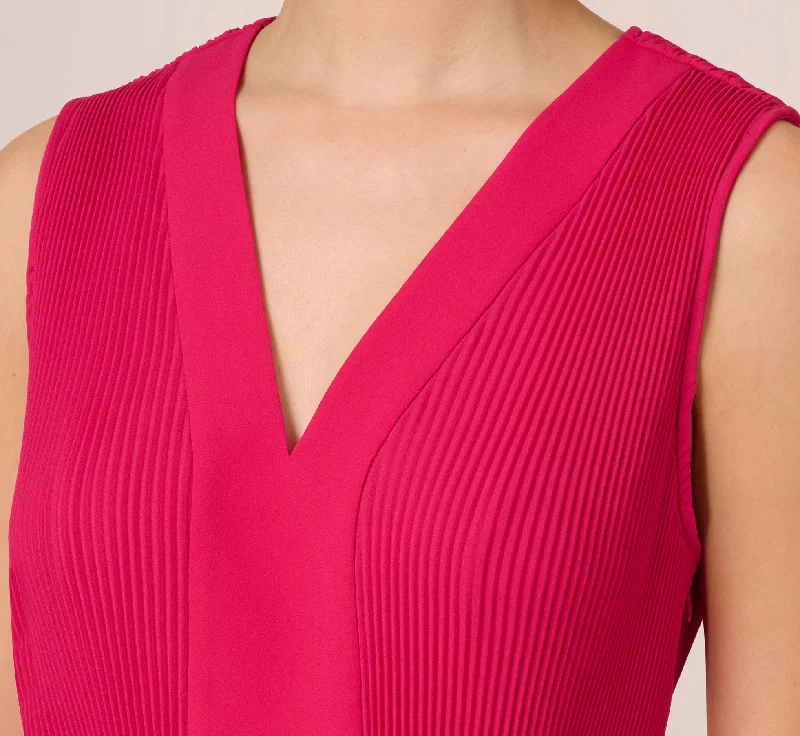 Sleeveless Pleated Dress With Self Tie Waist In Hot Pink