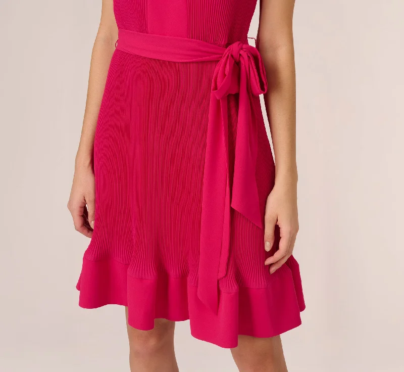 Sleeveless Pleated Dress With Self Tie Waist In Hot Pink