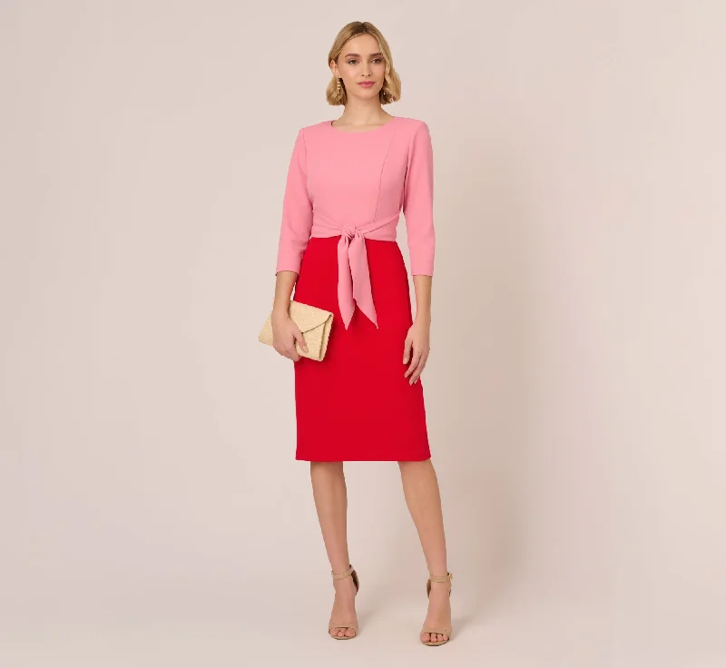 Three Quarter Sleeve Colorblock Dress With Tie Front In Pink Red