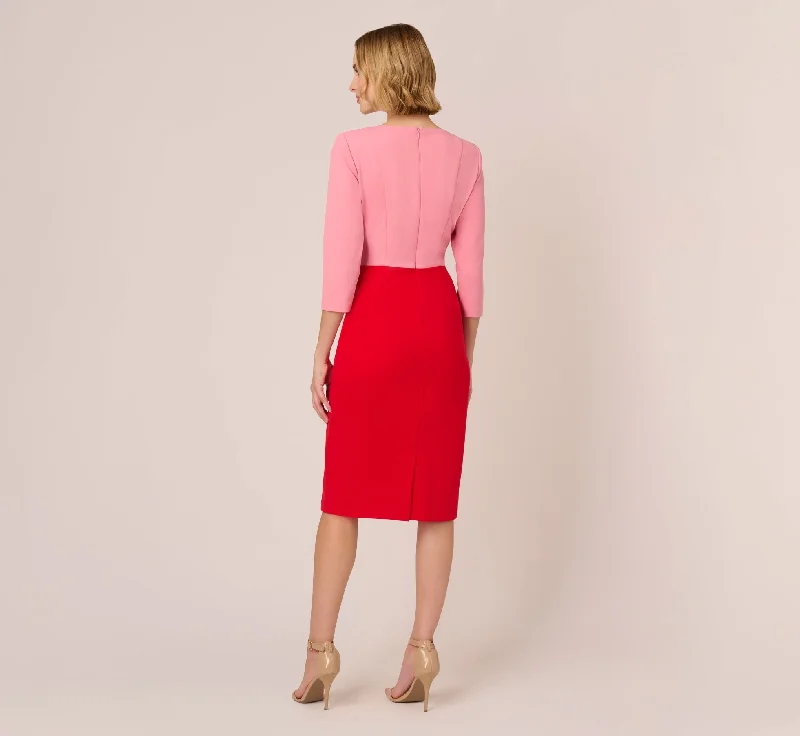 Three Quarter Sleeve Colorblock Dress With Tie Front In Pink Red