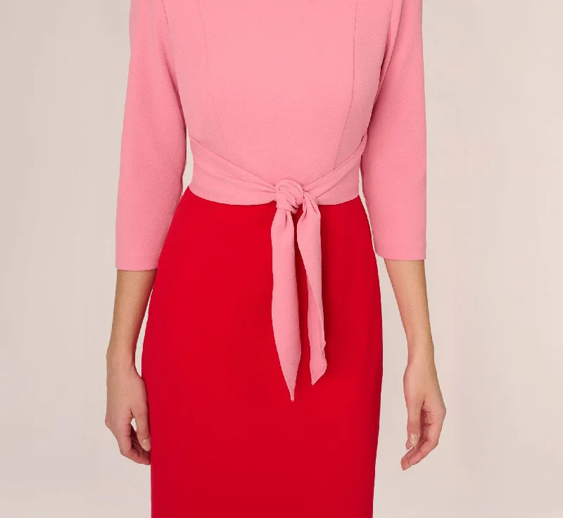 Three Quarter Sleeve Colorblock Dress With Tie Front In Pink Red