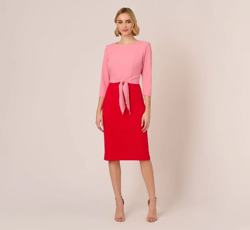 Three Quarter Sleeve Colorblock Dress With Tie Front In Pink Red