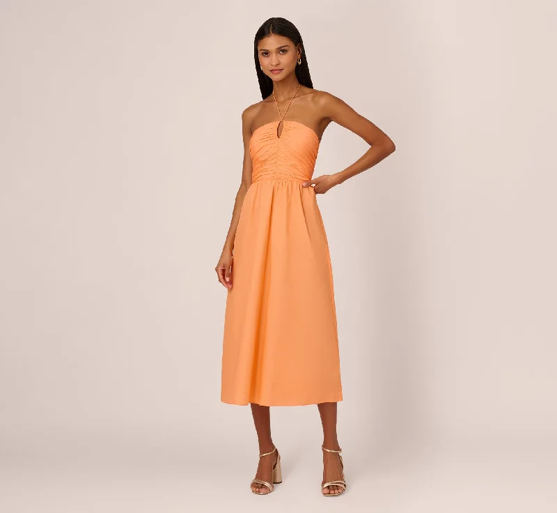 Tie Halter Midi Dress With Shirred Bodice In Apricot Sorbet