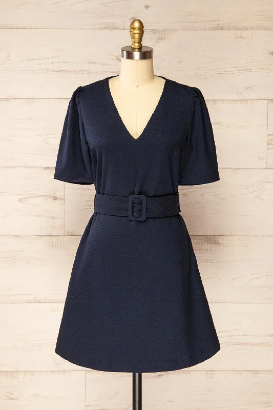 Bangkok Navy | Short A-Line Dress w/ Belt