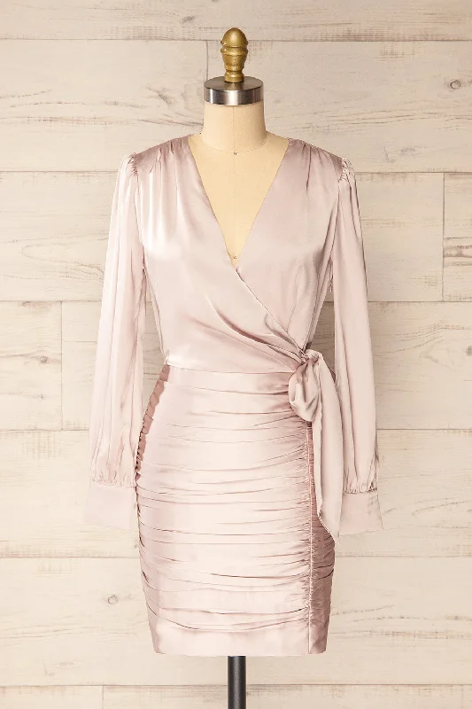 Calais | Short Champagne Satin Dress w/ Long Sleeves