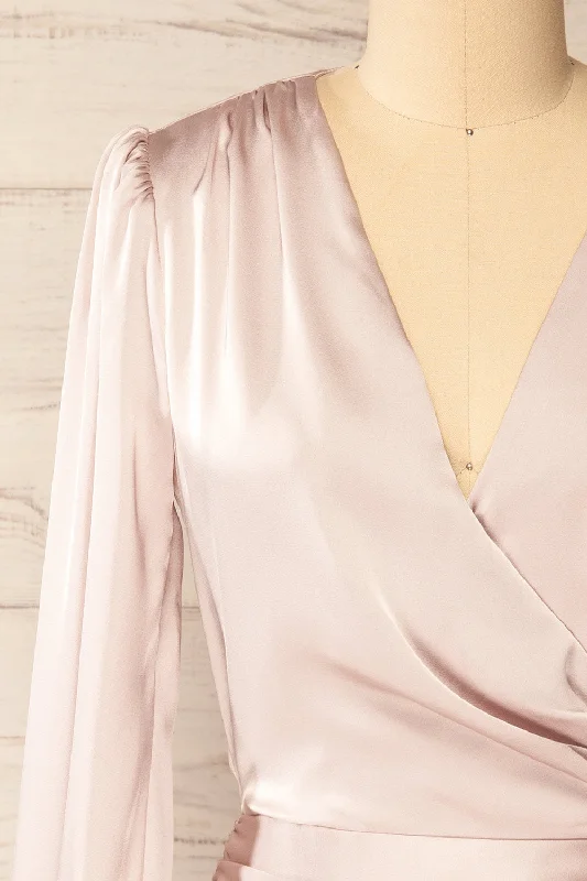 Calais | Short Champagne Satin Dress w/ Long Sleeves