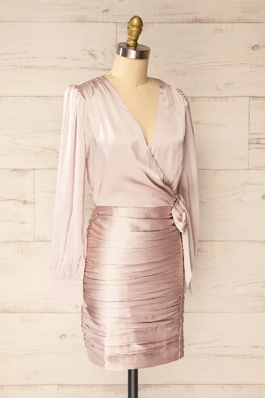 Calais | Short Champagne Satin Dress w/ Long Sleeves