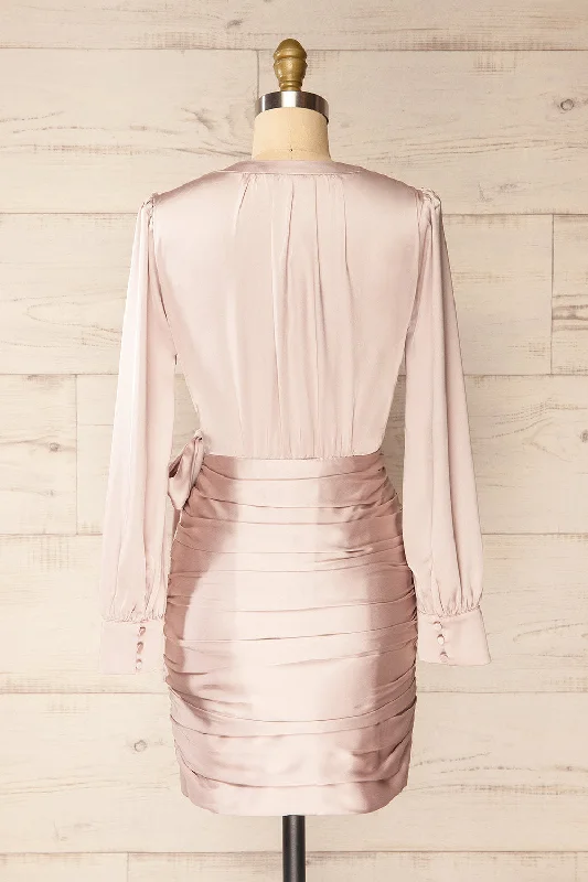 Calais | Short Champagne Satin Dress w/ Long Sleeves