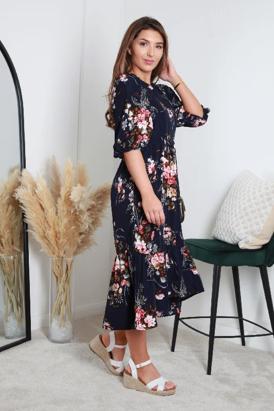 Double Second Navy Floral Printed A-line Tiered Dress