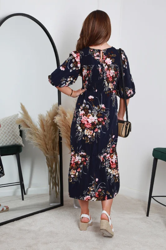 Double Second Navy Floral Printed A-line Tiered Dress