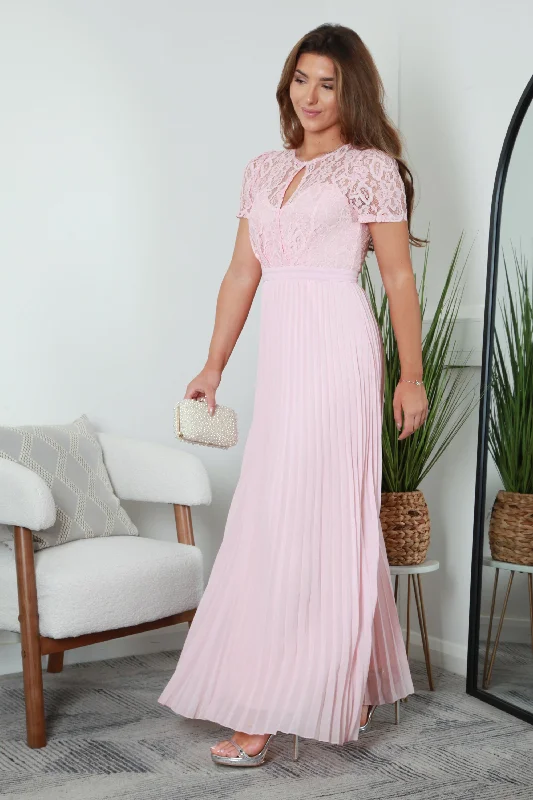 Double Second Pink Pleated Sleeve Lace Dress