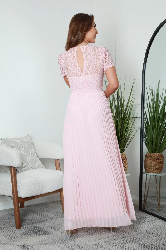 Double Second Pink Pleated Sleeve Lace Dress