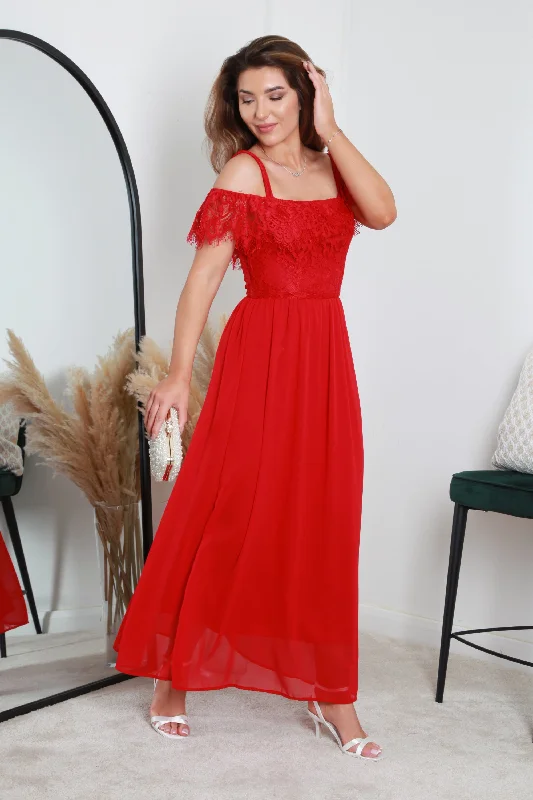 Double Second Red Scallop Edge Off Shoulder Dress