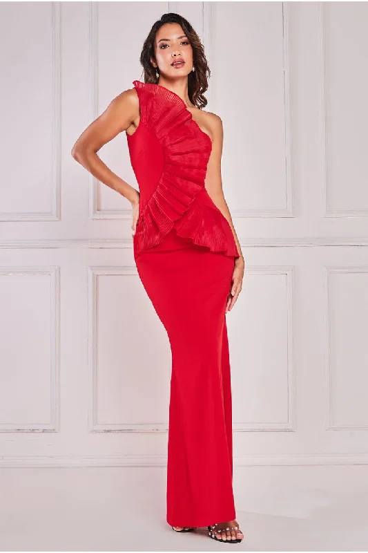 Goddiva One Shoulder Pleated Fan Maxi - Red