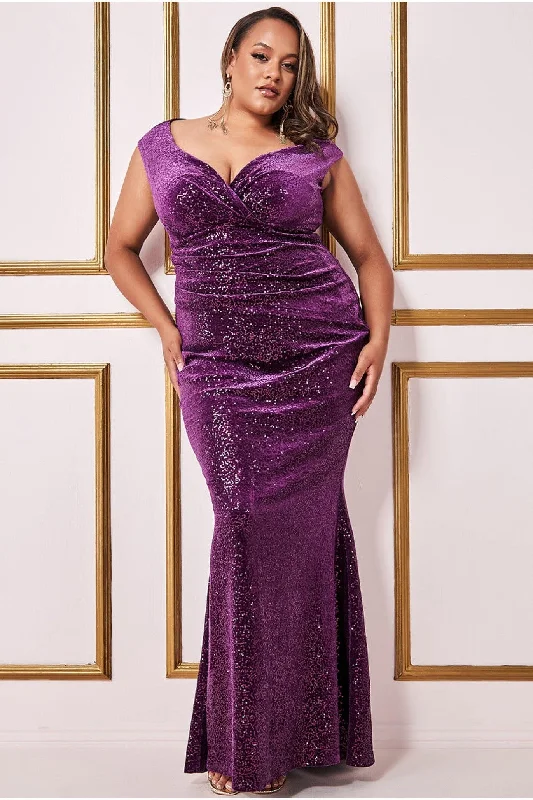 Goddiva Plus Sequin & Velvet Bardot Maxi Dress - Purple