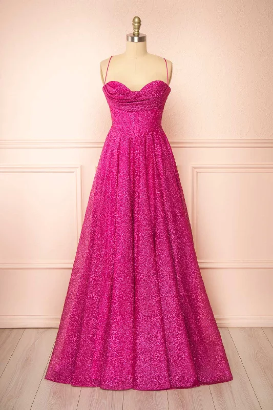 Lexy Fuchsia | Sparkly Cowl Neck Maxi Dress