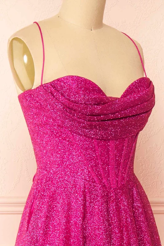 Lexy Fuchsia | Sparkly Cowl Neck Maxi Dress