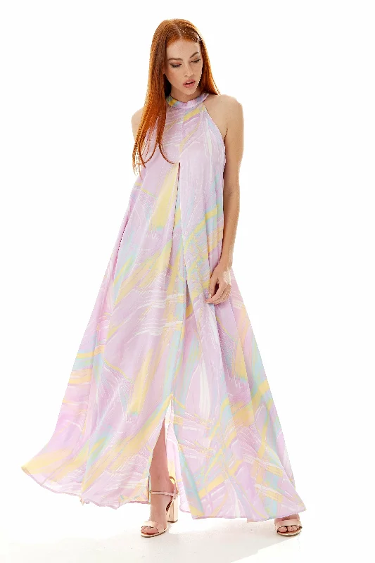 Liquorish Abstract Print Maxi Dress With A High Neck Lilac