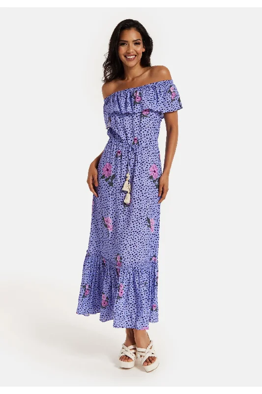 Liquorish Animal And Floral Print Off Shoulder Maxi Dress In Purple