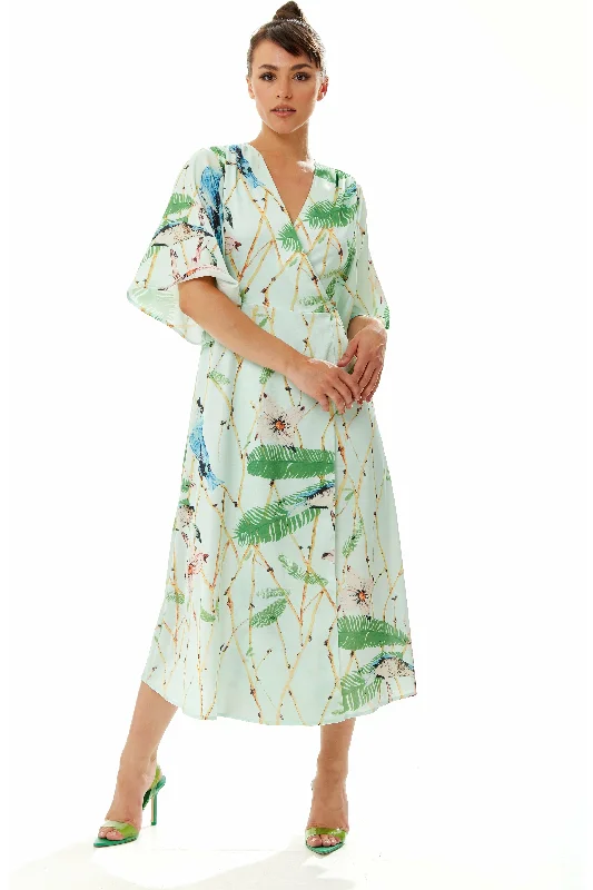 Liquorish Bird Print Maxi Wrap Dress In Mint Green