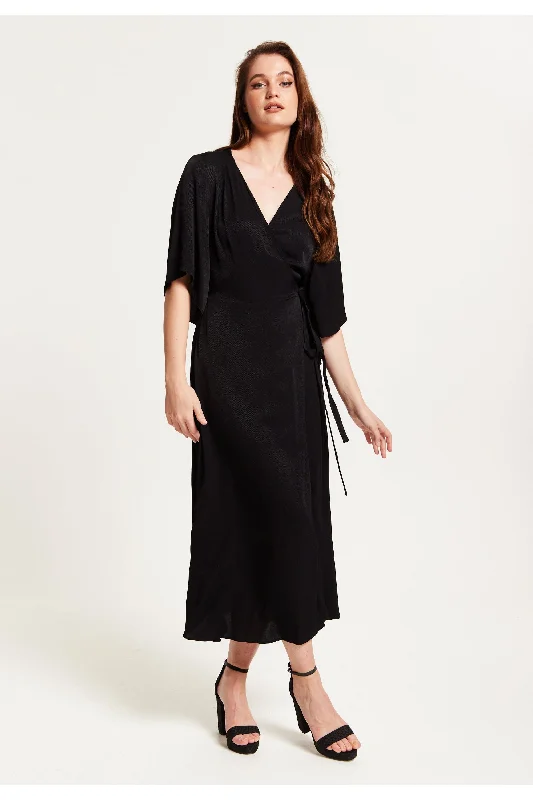 Liquorish Black Maxi Wrap Dress With Kimono Sleeves