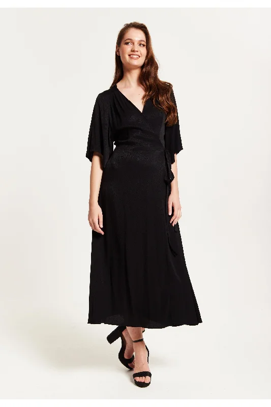 Liquorish Black Maxi Wrap Dress With Kimono Sleeves