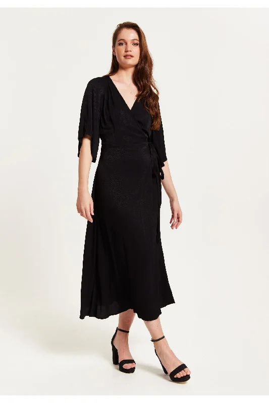 Liquorish Black Maxi Wrap Dress With Kimono Sleeves