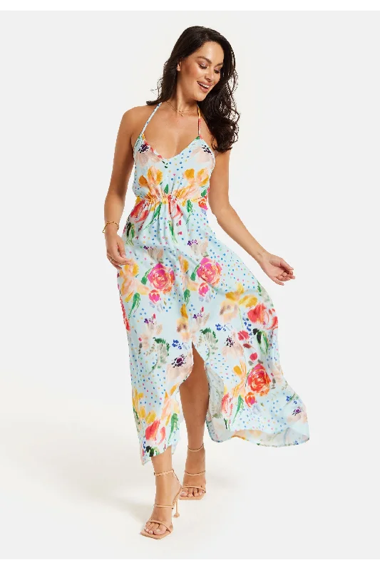 Liquorish Blue Floral Print Midi Asymmetrical Dress With Open Back