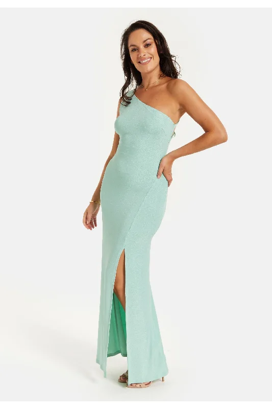 Liquorish Sage Lurex One Shoulder Jersey Maxi Dress With Long Slit