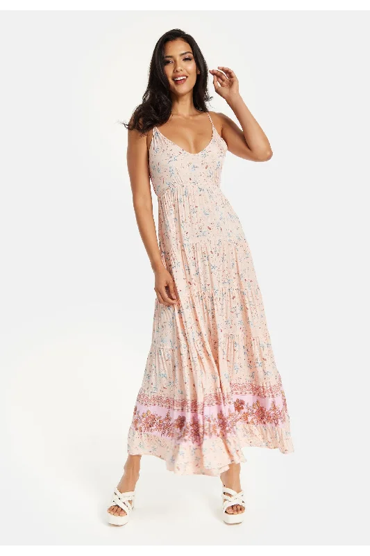 Liquorish Cami Maxi Dress In Nude Floral Print With Tie Back