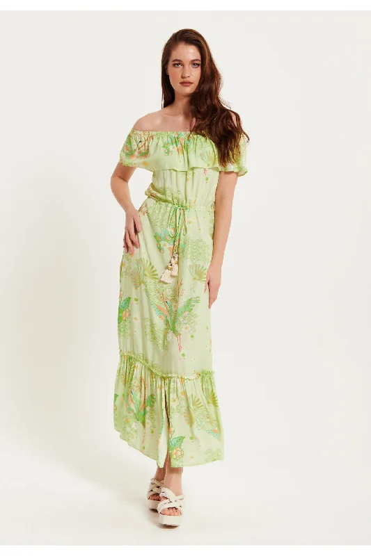 Liquorish Floral And Bird Print Off Shoulder Maxi Dress In Sage Green