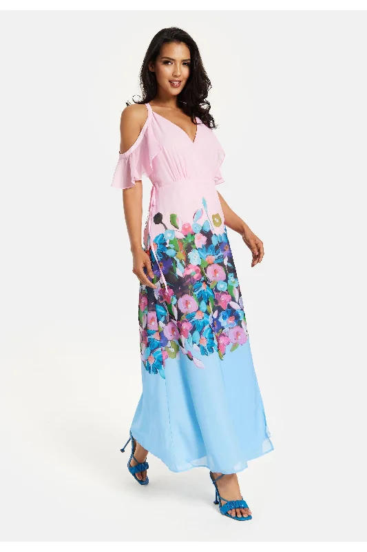 Liquorish Floral Print Maxi Wrap Dress With Frill Details In Blue And Pink