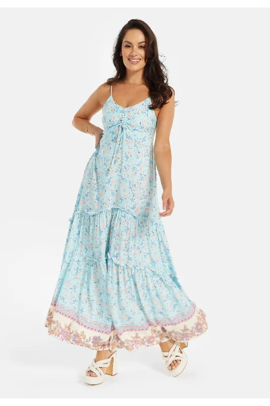 Liquorish Light Blue Floral Cami Maxi Dress With Contrast Hem