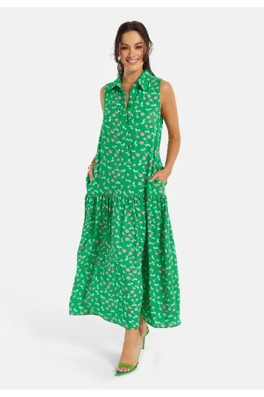 Liquorish Oversized Cherry Print Maxi Dress In Green