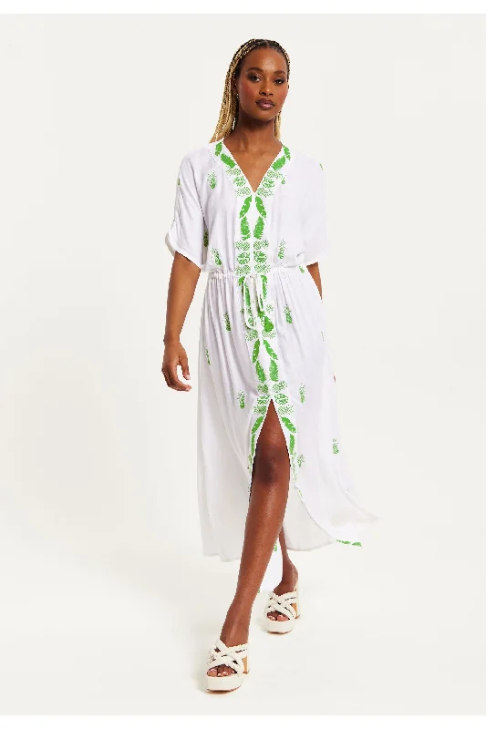 Liquorish White Maxi Beach Dress With Green Embroidery