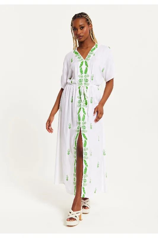 Liquorish White Maxi Beach Dress With Green Embroidery