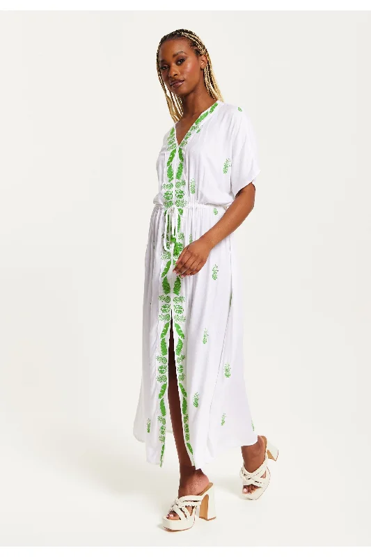 Liquorish White Maxi Beach Dress With Green Embroidery