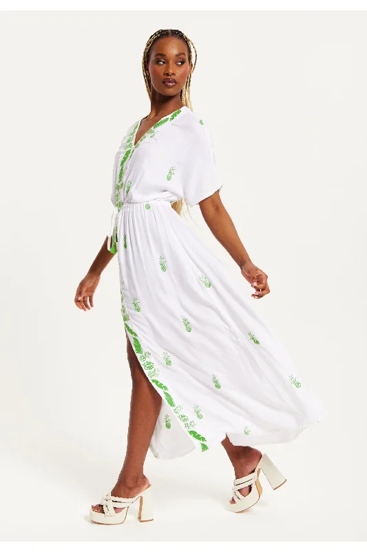 Liquorish White Maxi Beach Dress With Green Embroidery