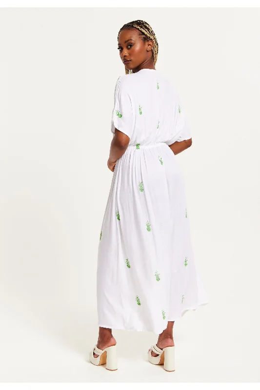 Liquorish White Maxi Beach Dress With Green Embroidery