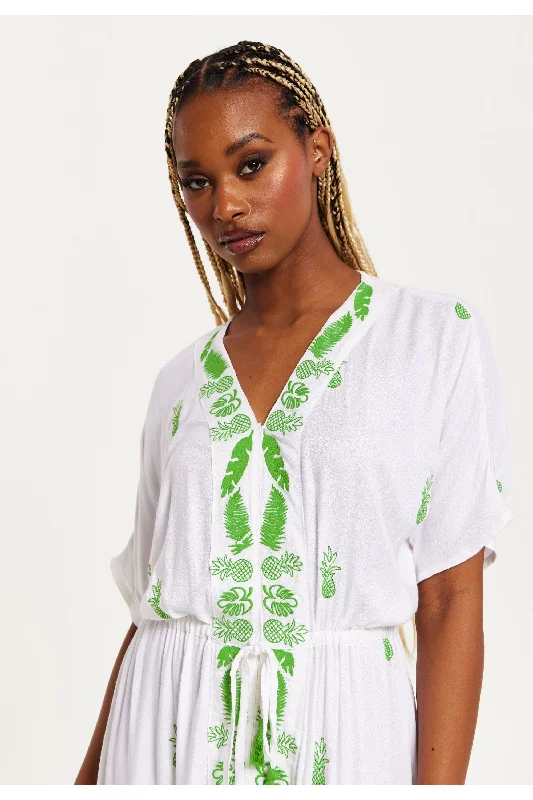 Liquorish White Maxi Beach Dress With Green Embroidery