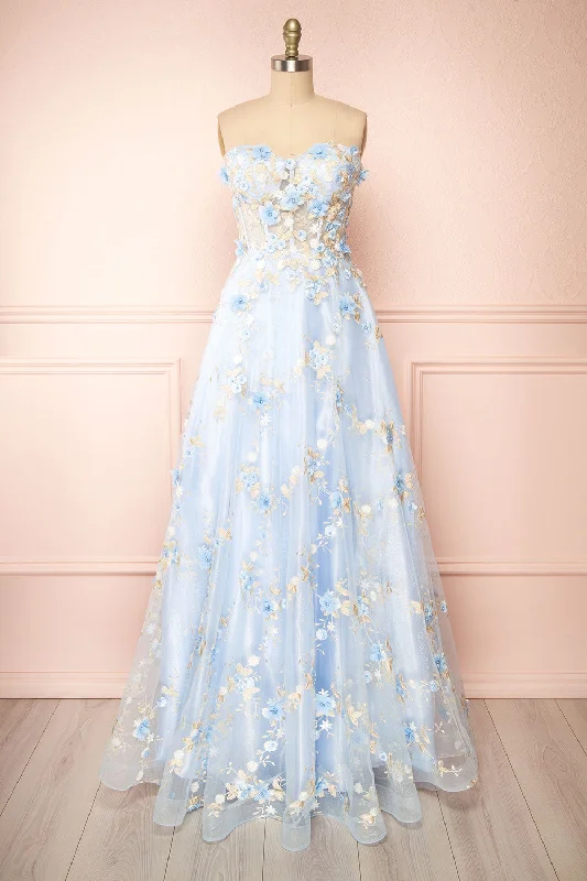 Menina | Blue Maxi Gown w/ Floral Appliqué