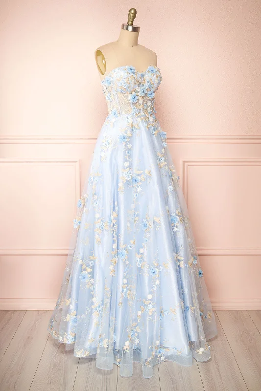 Menina | Blue Maxi Gown w/ Floral Appliqué