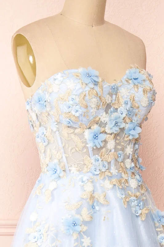 Menina | Blue Maxi Gown w/ Floral Appliqué