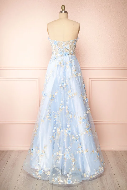 Menina | Blue Maxi Gown w/ Floral Appliqué