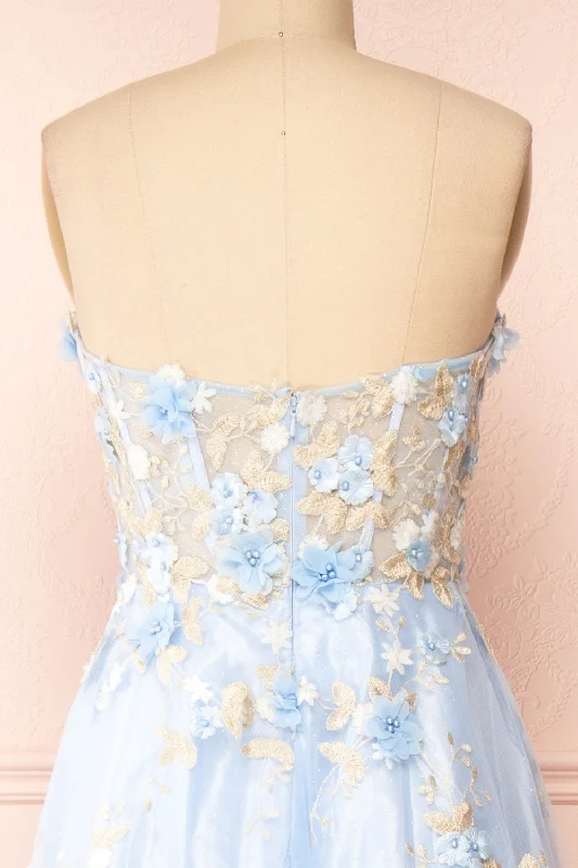 Menina | Blue Maxi Gown w/ Floral Appliqué