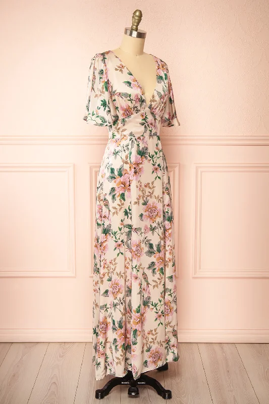 Morriven | Satin Maxi Dress w/ Floral Pattern