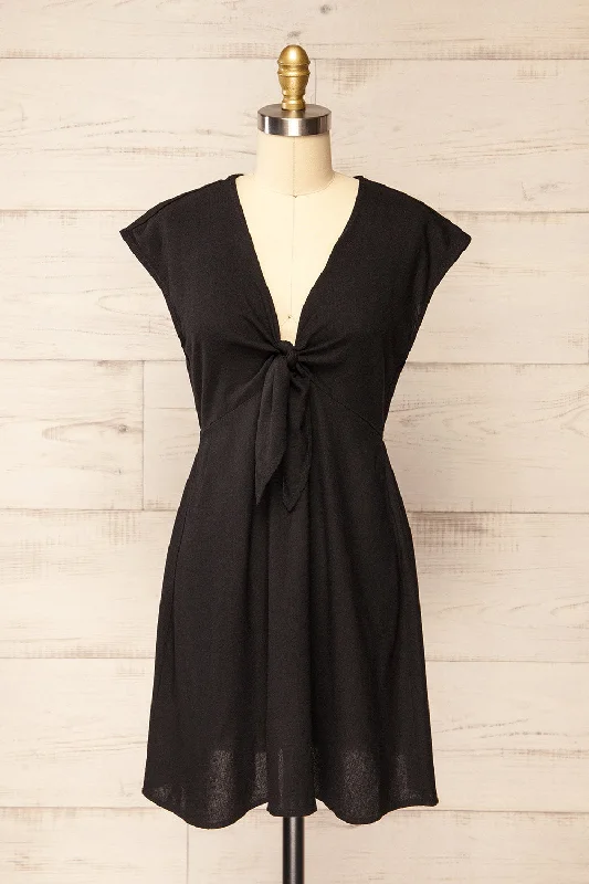 Neko Black | Short Tie-Front Linen Dress